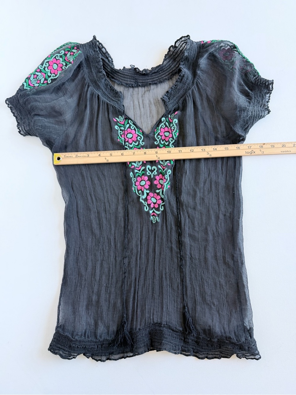 Black Silk Embroidered Sheer Boho Peasant Tunic Blouse Pink Floral No Size - Picture 5 of 8